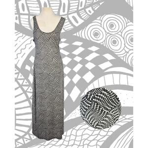 Vintage 90s Beware! Black White Hypnotic Pattern Bodycon Maxi Dress Size L